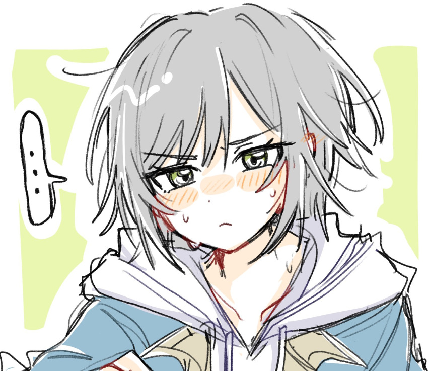 ..., 1girl, blue_jacket, blush, collarbone, commentary_request, flustered, green_background