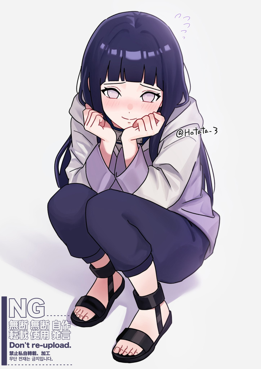 1girl, black_hair, black_pants, blush, closed_mouth, commentary, flying_sweatdrops, full_body