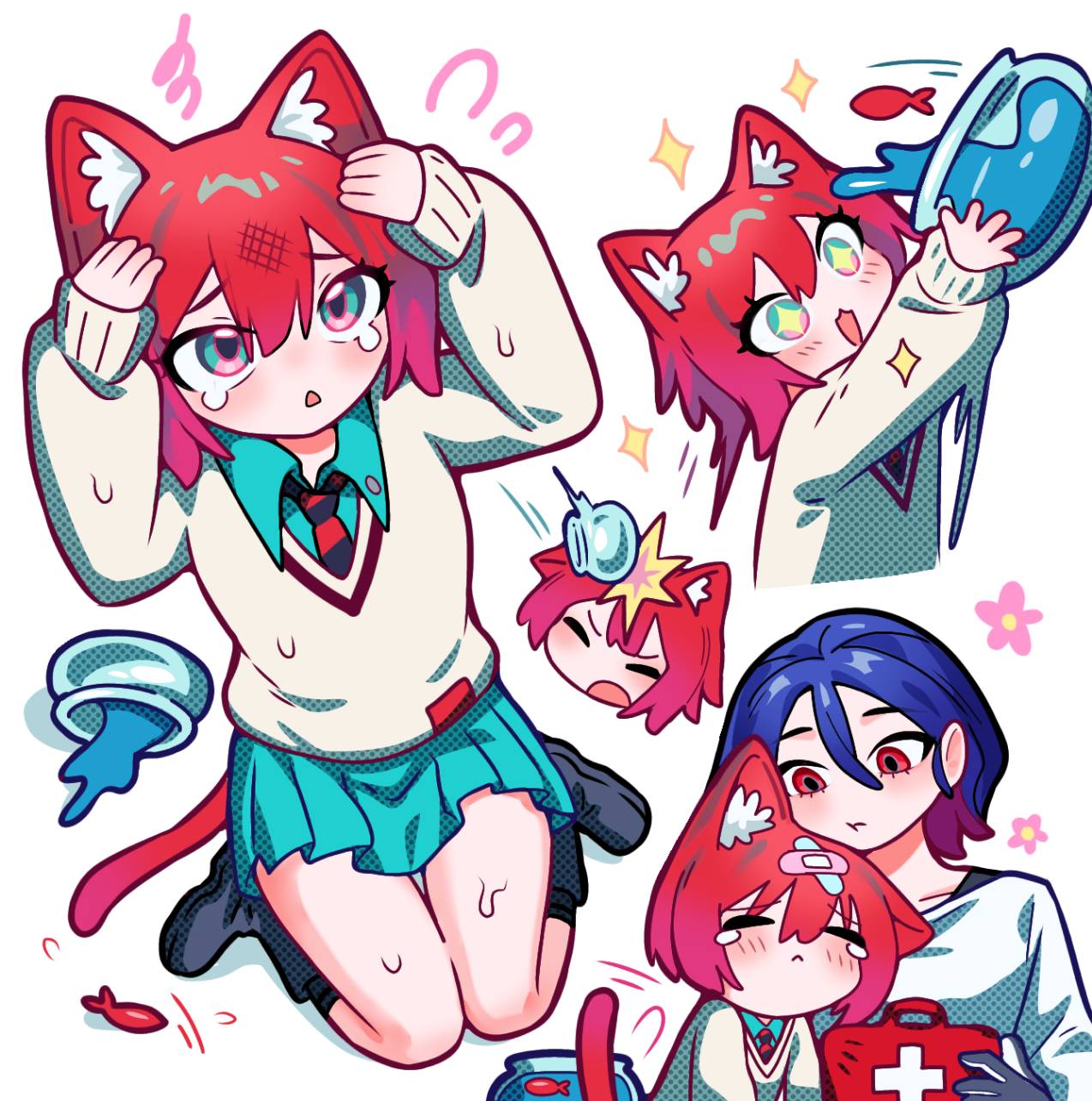 1boy, 1girl, amate_yuzuriha, animal_ears, aqua_eyes, aqua_shirt, aqua_skirt, bandaid