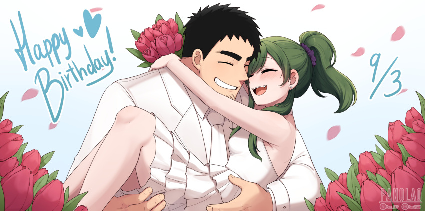 1boy, 1girl, absurdres, black_hair, blush, bouquet, bride, dress