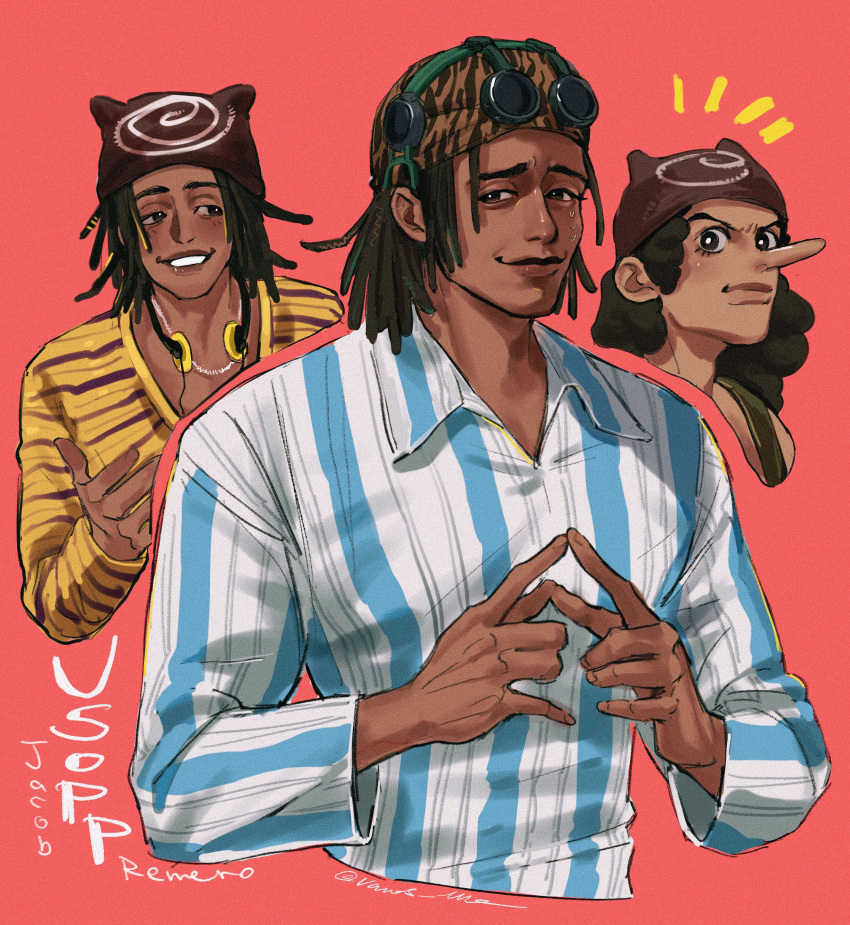 1boy, absurdres, beanie, blue_stripes, brown_hat, commentary, curly_hair, dark_skin