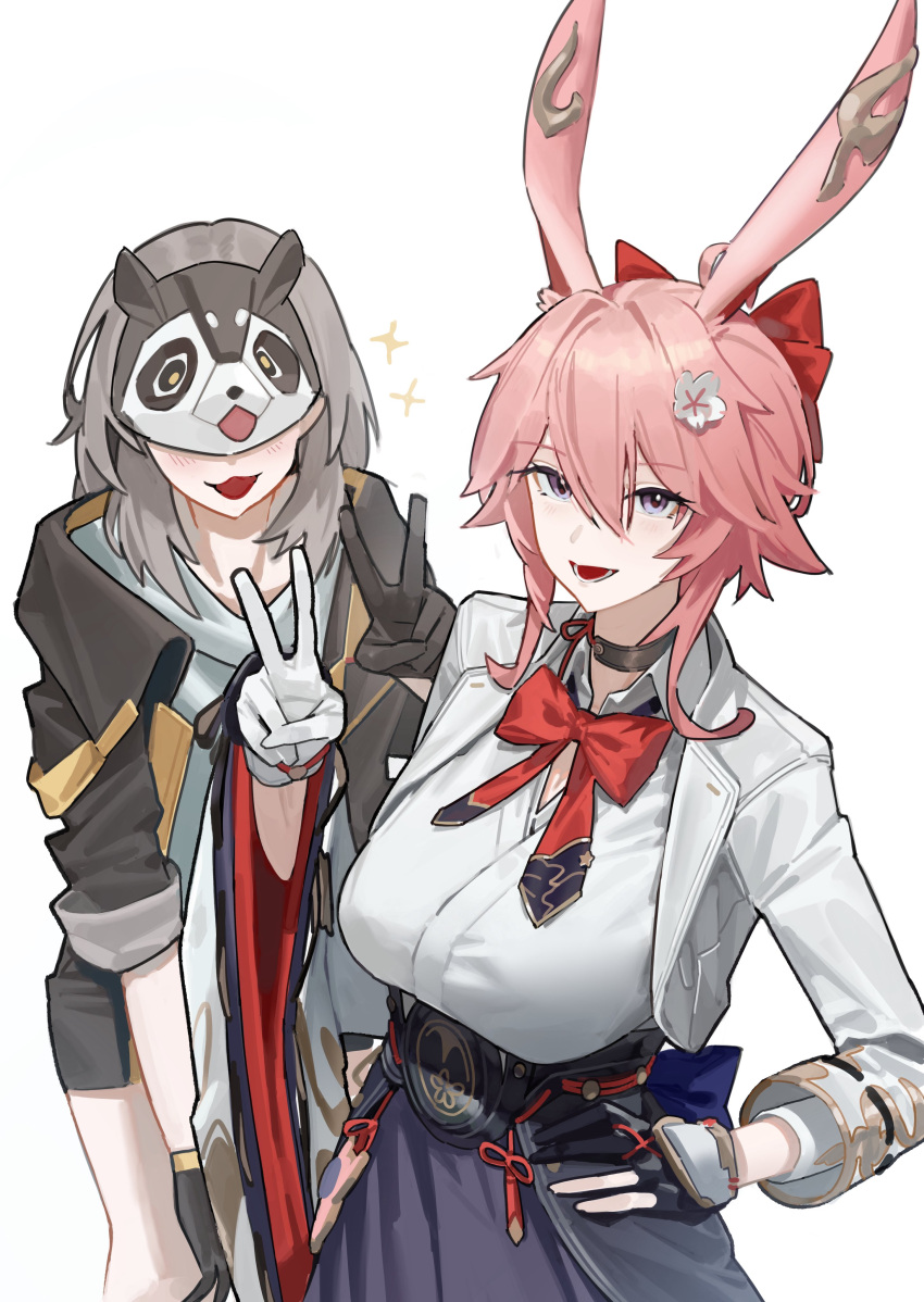 2girls, absurdres, animal_ears, black_coat, coat, esnowg, evanescia_(honkai:_star_rail), gloves