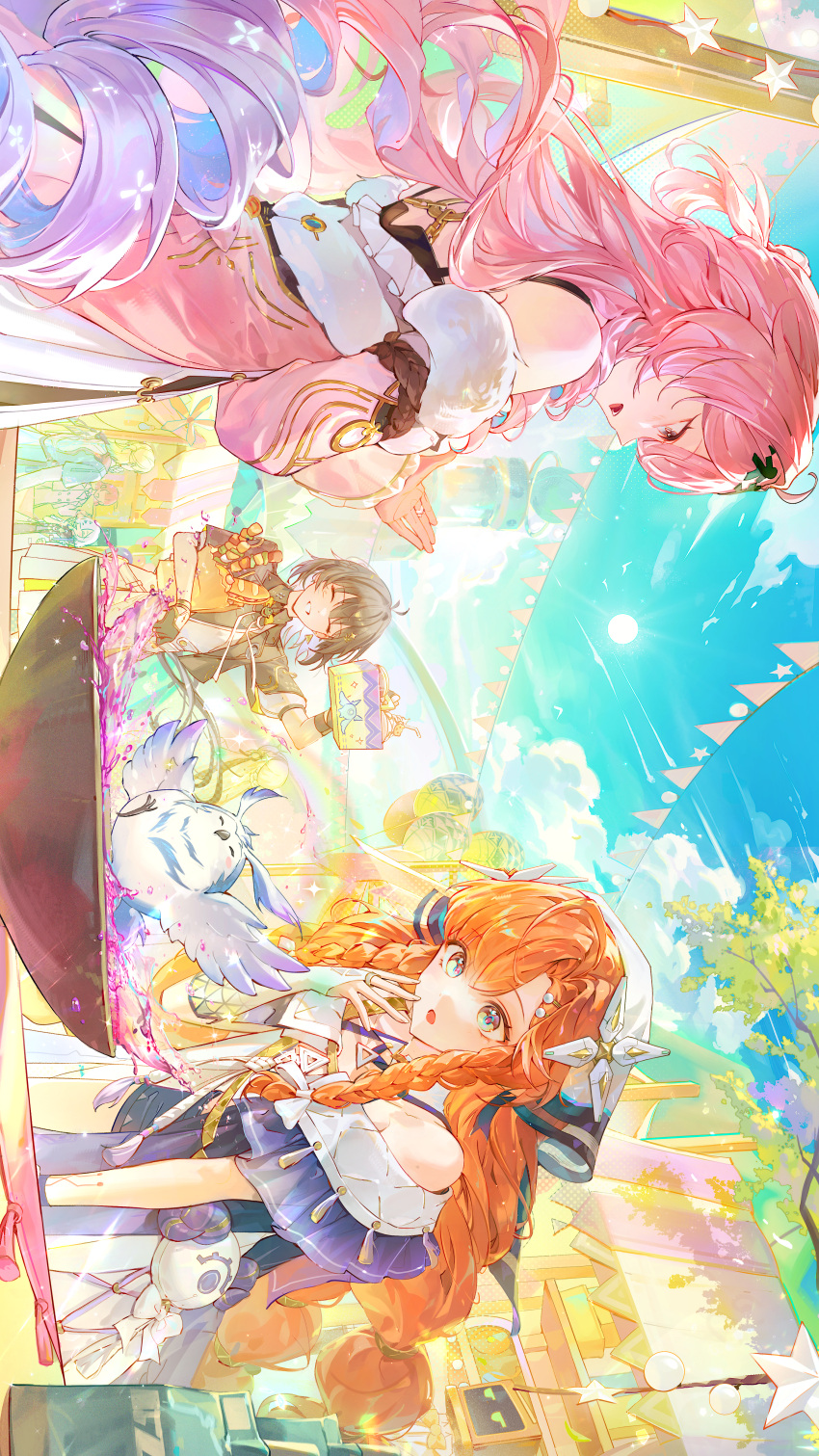 6+girls, absurdres, ahoge, aqua_eyes, bare_shoulders, bina_(sebin_13), bird, black_hair