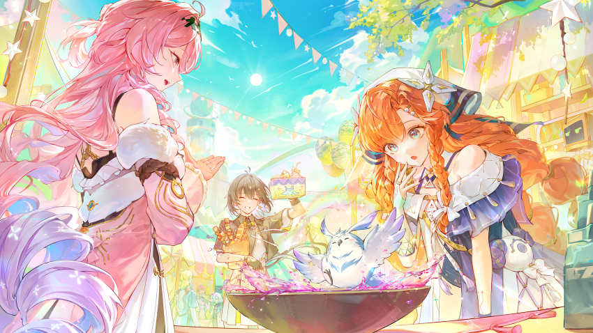 6+girls, absurdres, ahoge, aqua_eyes, bare_shoulders, bina_(sebin_13), bird, black_hair