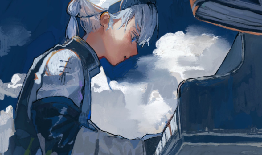 1boy, black_hairband, blue_eyes, blue_sky, clouds, cloudy_sky, commentary_request, grey_hair
