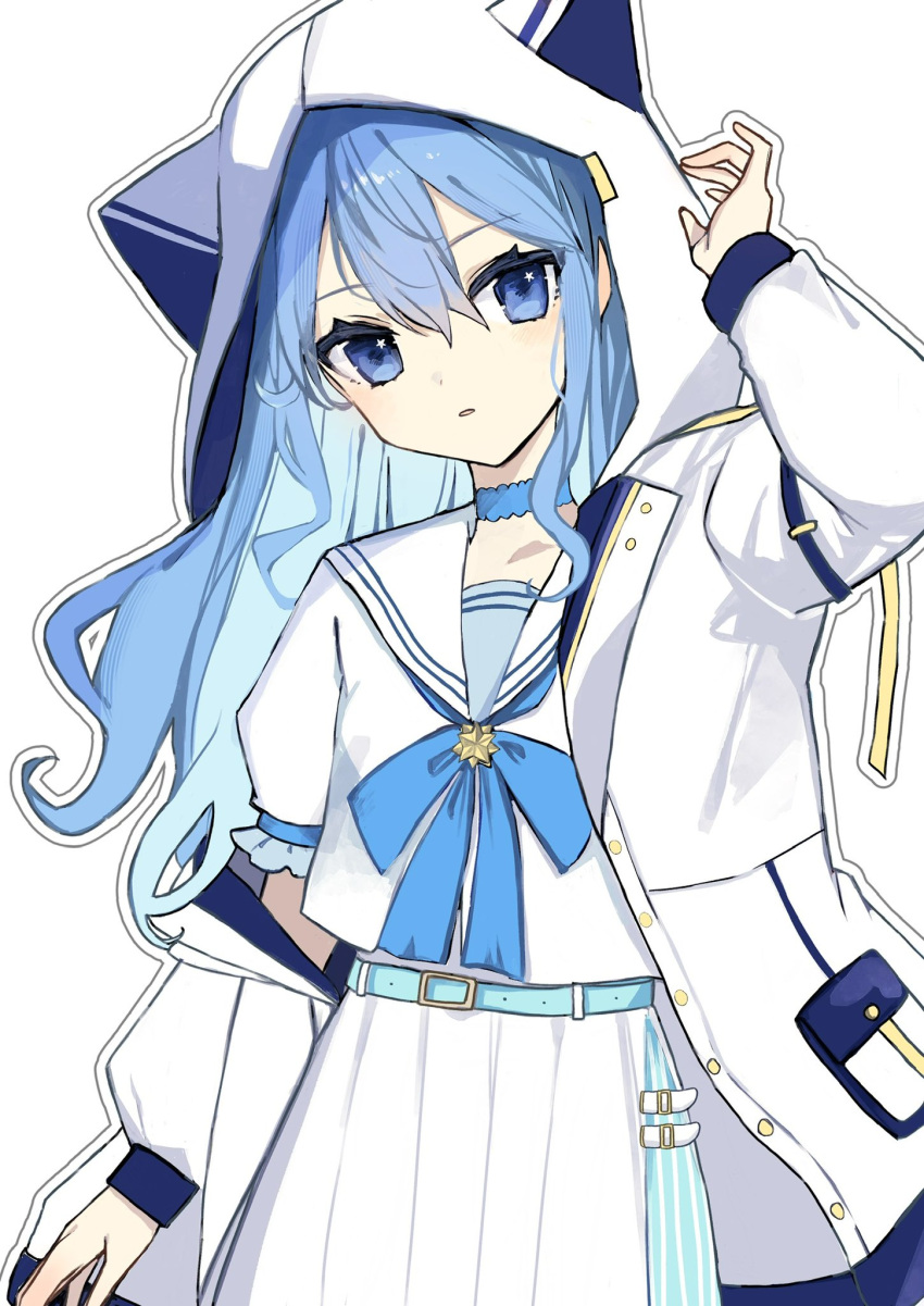 1girl, blue_eyes, blue_hair, chiho_(pixiv10578873), hair_between_eyes, highres, hololive, hood