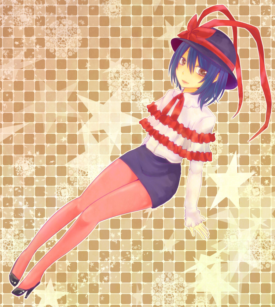 blue_hair, brown_eyes, brown_legwear, capelet, hat, hat_ribbon, high_heels, legs