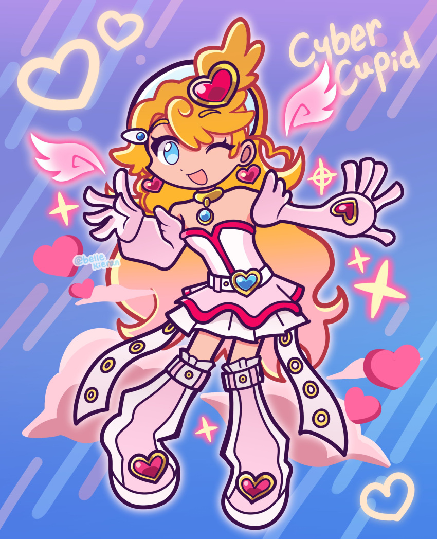 1girl, ;d, absurdres, angel_wings, artist_name, bare_shoulders, belle_kieran, belt