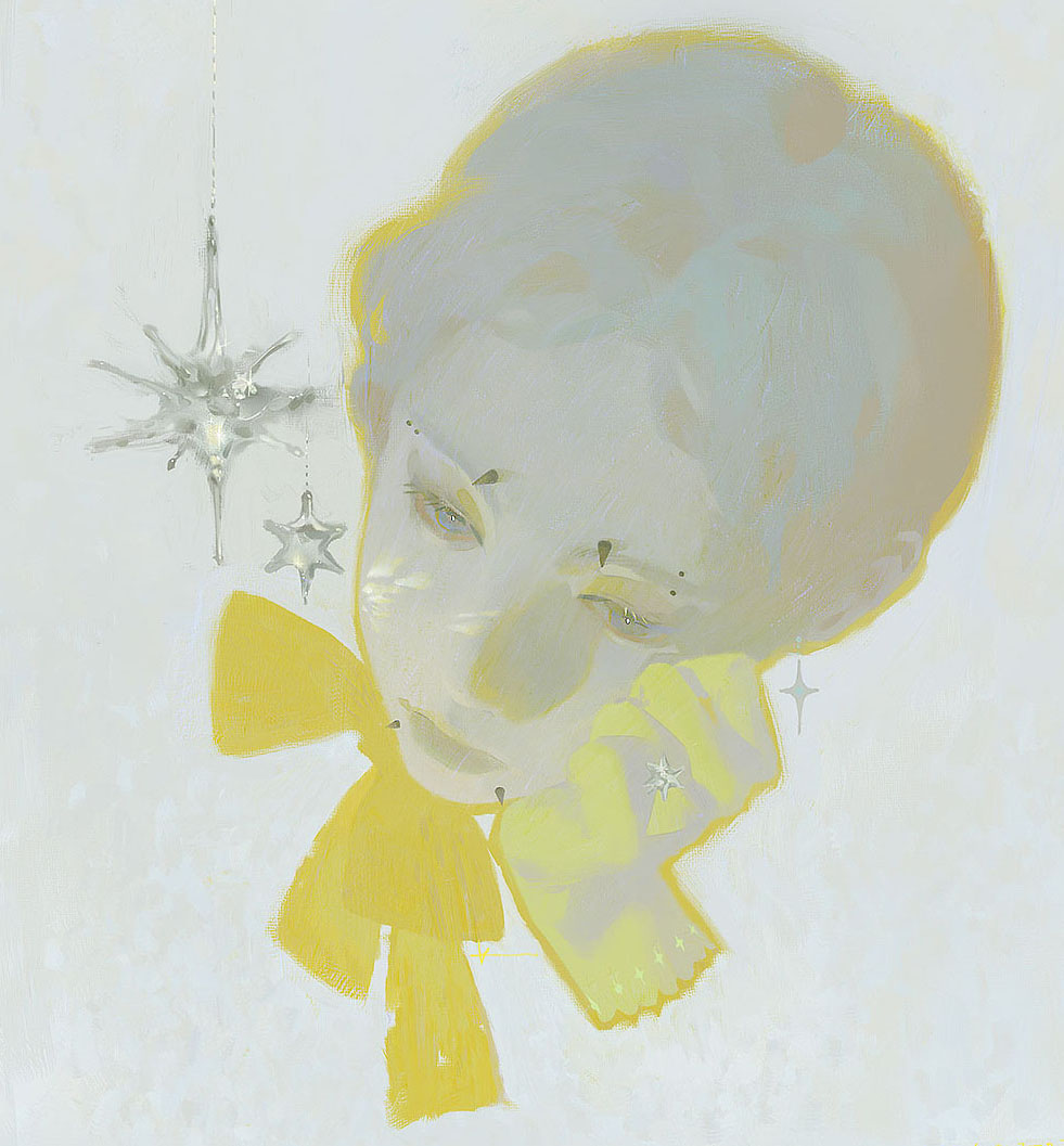 1girl, bow, bowtie, commentary, cropped_head, disembodied_hand, eyebrow_piercing, face_piercing