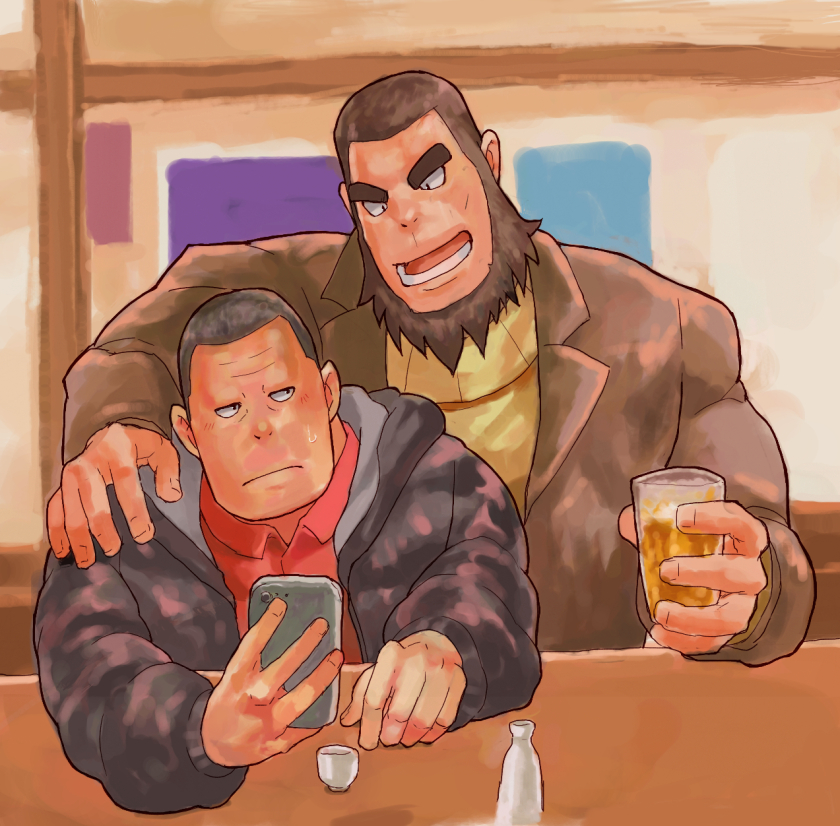 2boys, alcohol, arm_around_shoulder, beard, beer, black_jacket, brown_coat, closed_mouth