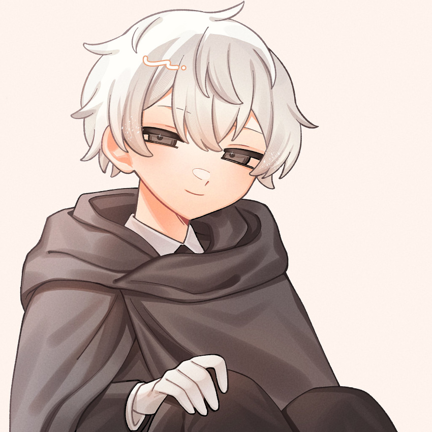 1boy, cloak, commentary_request, gloves, grey_cloak, grey_eyes, grey_hair, hand_on_own_knee