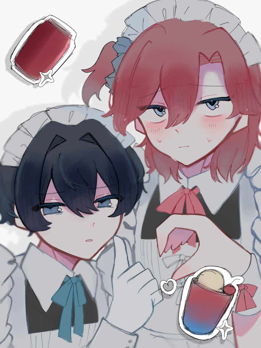 2boys, apron, black_dress, black_hair, blush, can, commentary_request, crossdressing, crossdressing_(mtf), cup, dress, embarrassed, food, gloves, heart_hands_failure, highres, hyoutenka_30-do_no_zetsubou, ice_cream, ice_cream_float, kuchinashi_dabi, maid, male_focus, male_maid, medium_hair, multiple_boys, one_side_up, red_hair, short_hair, sweat, tonimura_yui, white_apron, white_gloves, yakiniku_party2