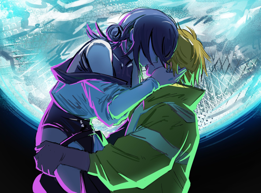 1boy, 1girl, blonde_hair, cosplay, cyberpunk:_edgerunners, cyberpunk_(series), david_martinez, david_martinez_(cosplay), denji_(chainsaw_man), hands_on_another's_head, hetero, highres, jvne_ee, kiss, lucy_(cyberpunk), lucy_(cyberpunk)_(cosplay), reze_(chainsaw_man), scene_reference