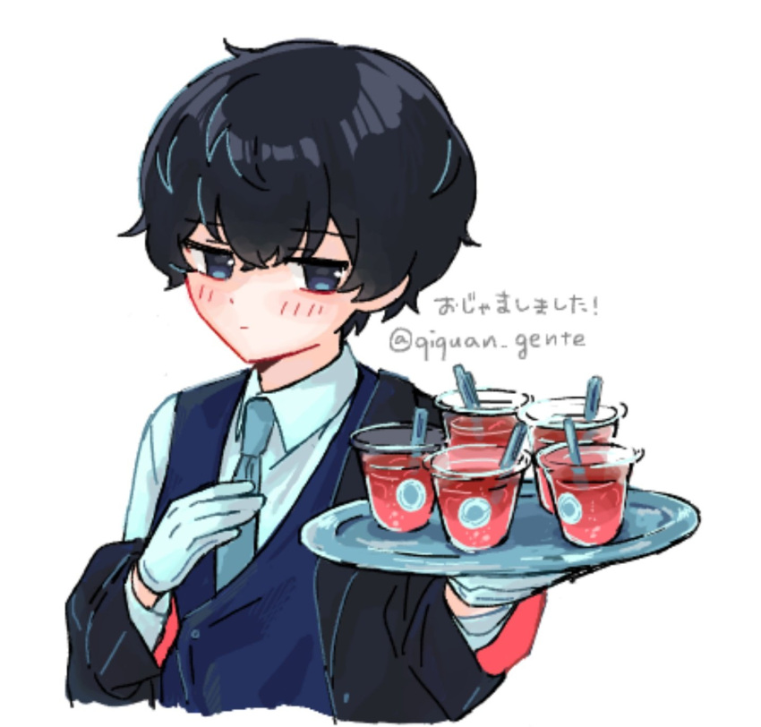 1boy, black_hair, blue_eyes, blue_necktie, blue_vest, butler, dress_shirt, gloves