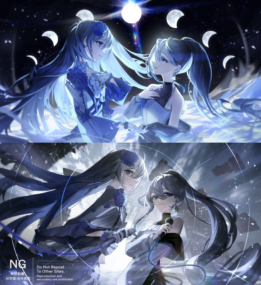 2girls, blue_dress, blue_eyes, blue_flower, blue_hair, commentary_request, crescent_moon, dress