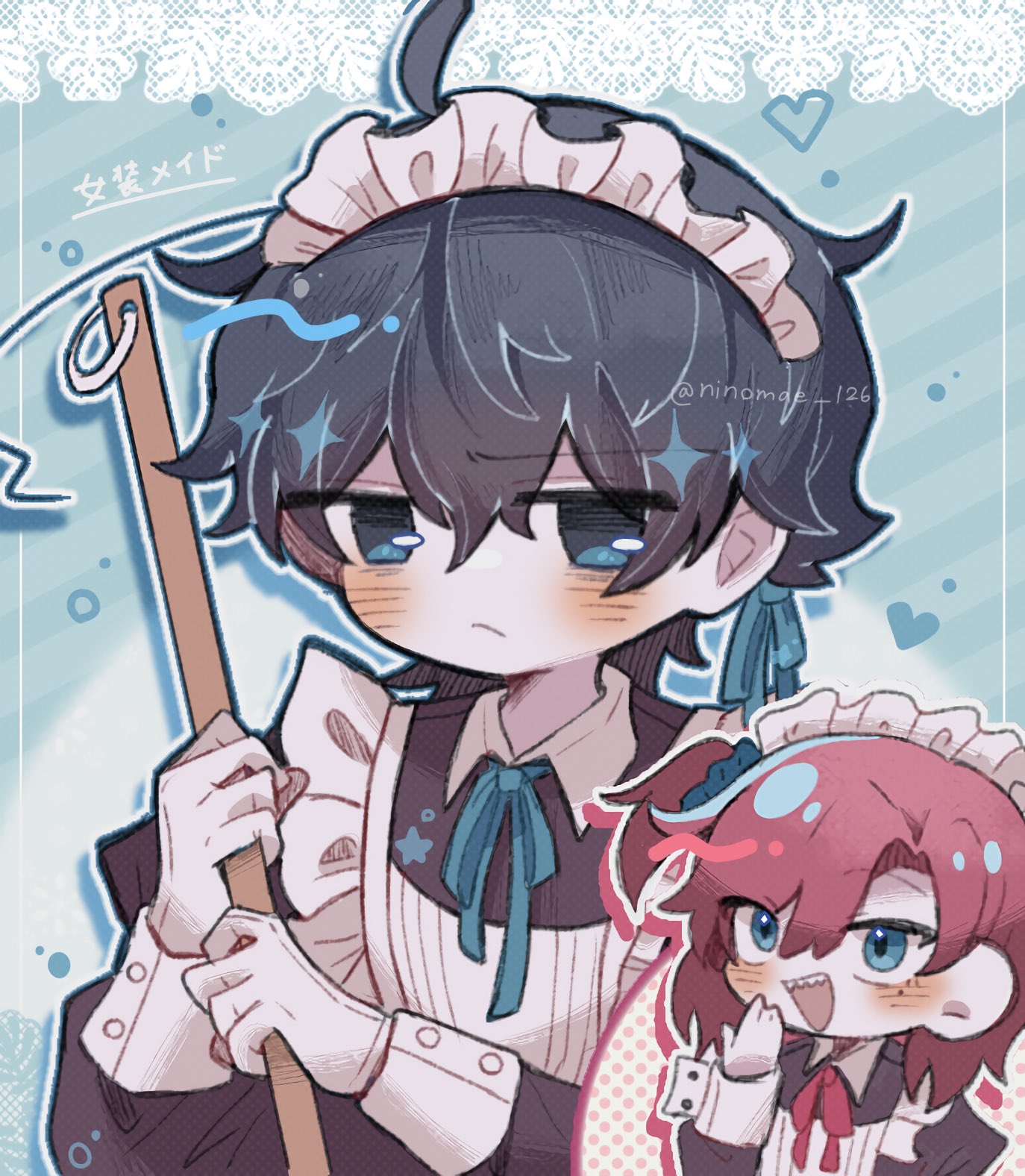 2boys, :d, black_dress, black_hair, blue_eyes, blush, commentary_request, crossdressing