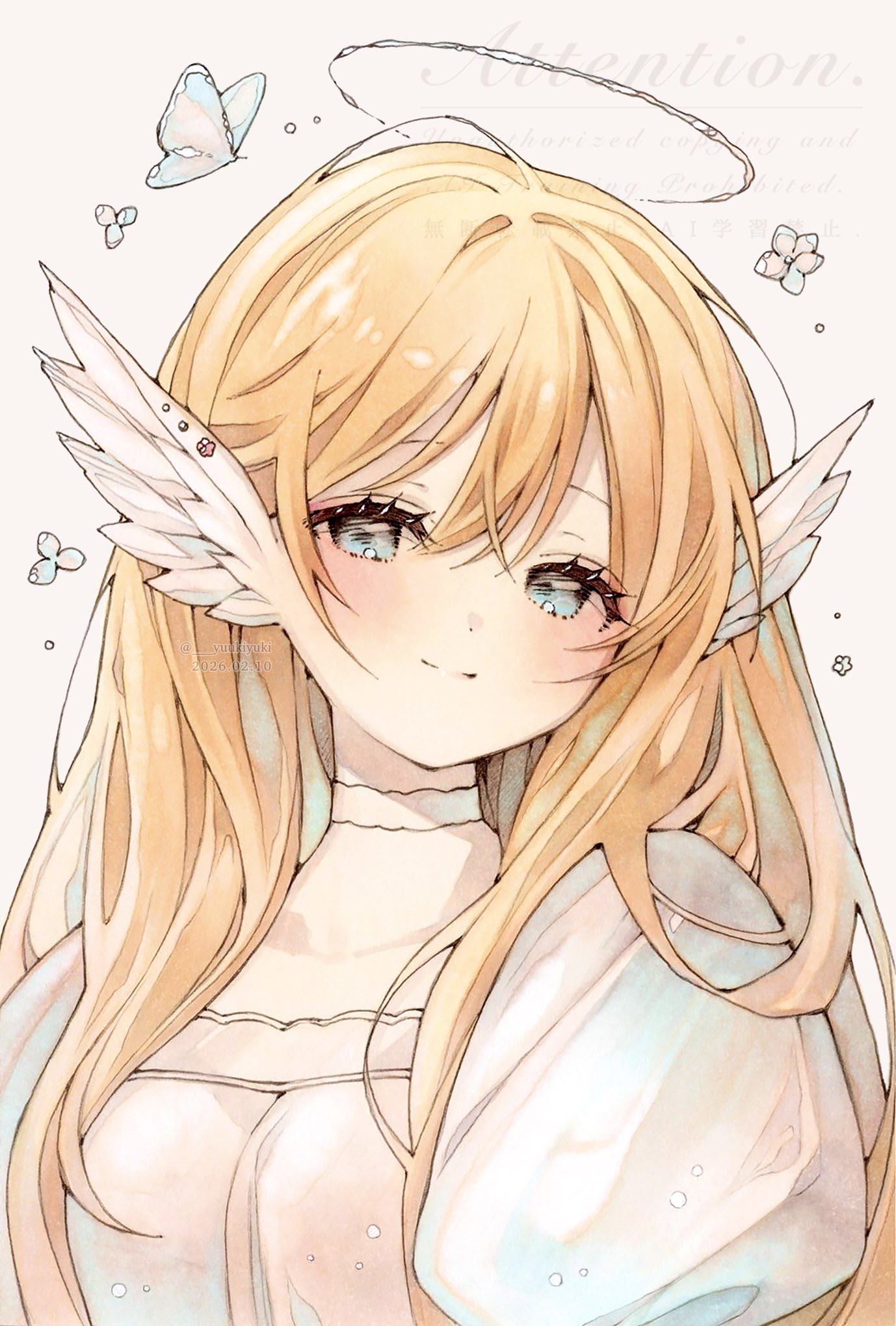 1girl, animal_ears, bird_ears, bird_girl, blonde_hair, blue_eyes, blush, bug