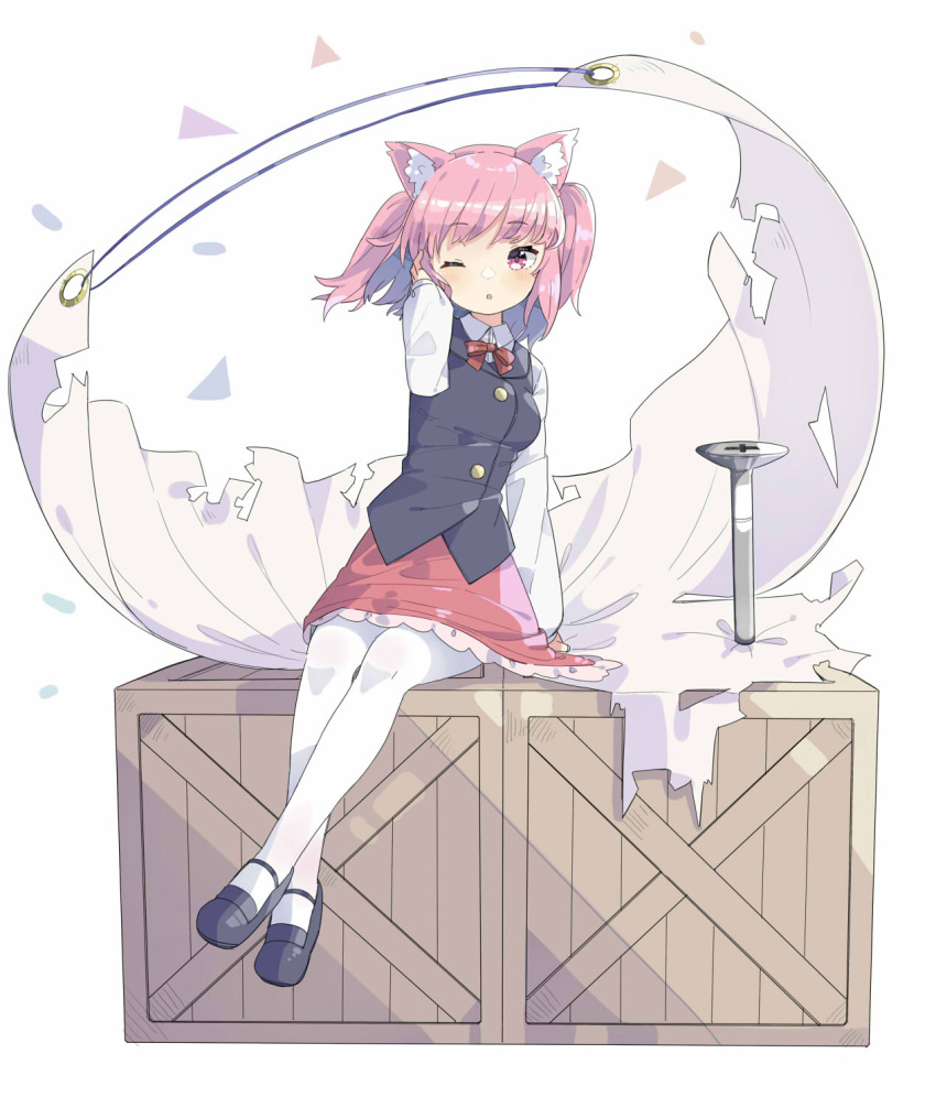 1girl, animal_ear_fluff, animal_ears, black_shoes, black_vest, blush, bow, bowtie