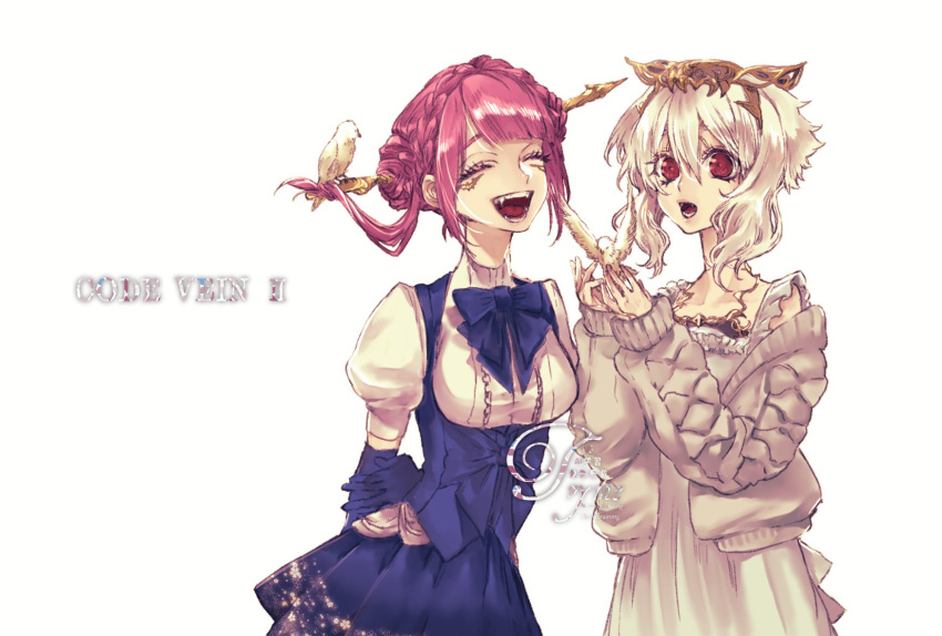 2girls, arm_behind_back, bird, blue_bow, blue_bowtie, bow, bowtie, braid