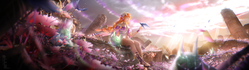 1girl, absurdres, bird, bird_on_hand, commentary, gladiator_sandals, highres, huochai_xie_msc, jacket, long_hair, orange_hair, outdoors, purple_jacket, sandals, sigrika_(wuthering_waves), sitting, soliskin_(wuthering_waves), solo, sunlight, wide_shot, wuthering_waves