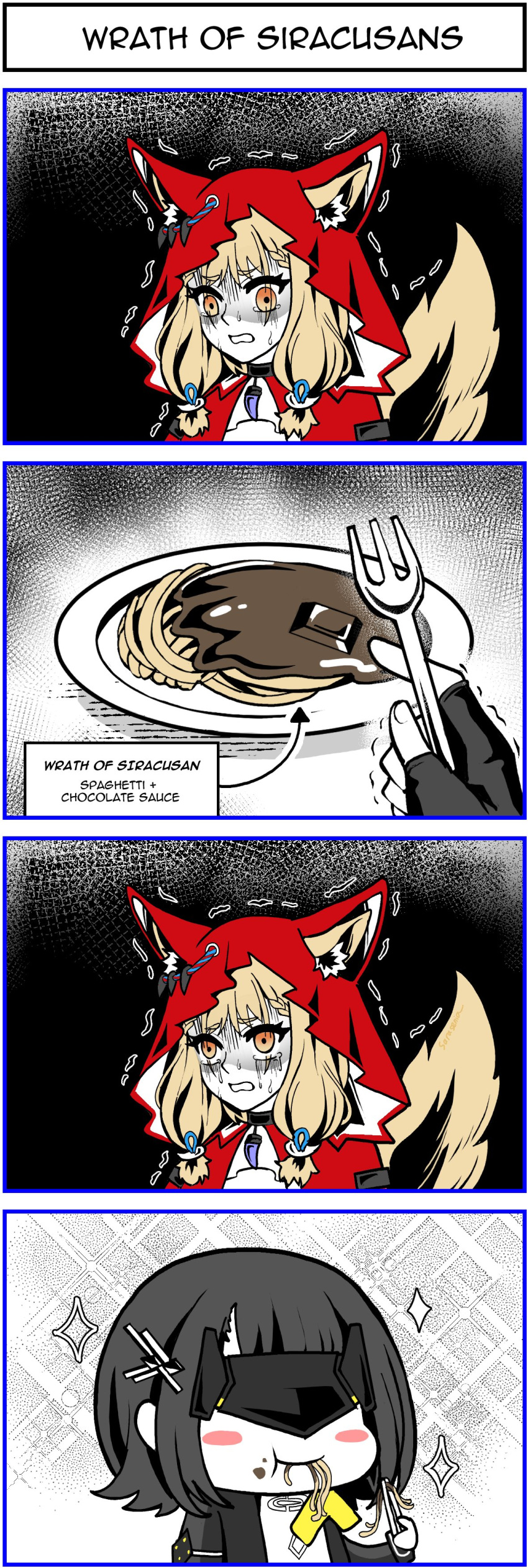 2girls, absurdres, animal_ear_fluff, animal_ears, arknights, arknights:_endfield, blonde_hair, cape, commentary, ears_through_headwear, eating, endministrator_(arknights), english_commentary, female_endministrator_(arknights), food, fork, highres, holding, holding_fork, hood, hood_up, hooded_cape, long_hair, multiple_girls, orange_eyes, pasta, red_cape, rossi_(arknights), sarasenia92, spaghetti, tail, wolf_ears, wolf_girl, wolf_tail