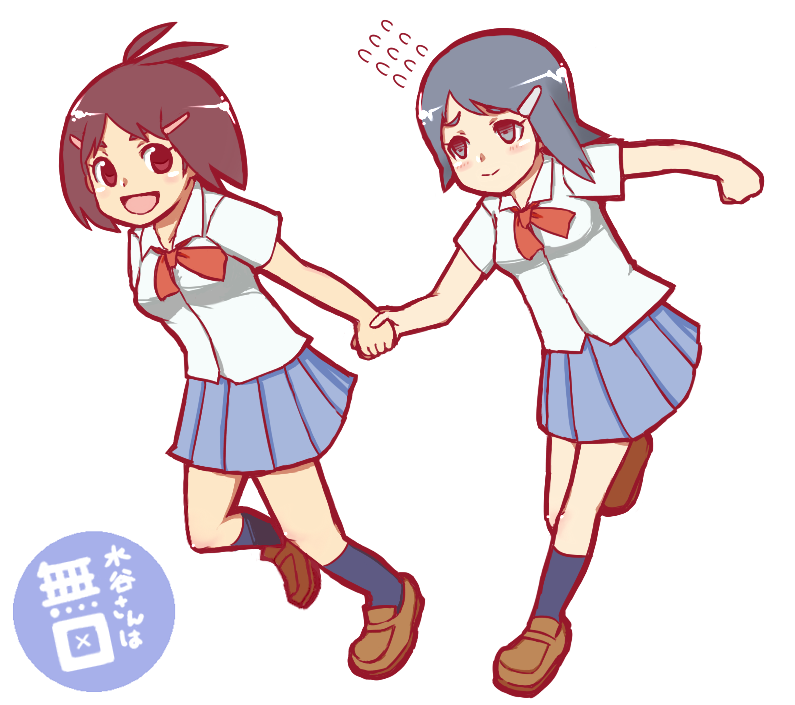 black_hair, cosplay, empty_eyes, hair_ornament, hairclip, hanazawa_kana, hand_holding, hidaka_ai, holding_hands, idolmaster, idolmaster_dearly_stars, mizutani_eri, morakushi_miki, morita-san_wa_mukuchi, morita_mayu, morita_mayu_(cosplay), multiple_girls, murakoshi_miki, murakoshi_miki_(cosplay), running, school_uniform, seiyuu_connection, short_hair, smile, tamano, tomatsu_haruka
