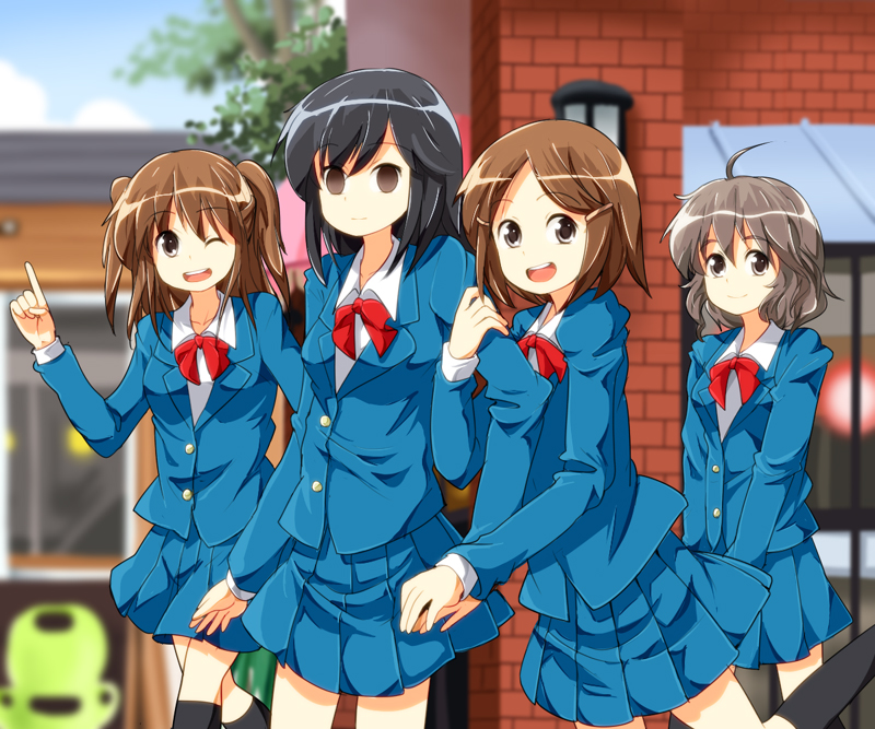 ahoge, arm_hug, black_hair, blazer, brown_eyes, brown_hair, empty_eyes, hair_ornament, hairclip, matsuzaka_hana, miura_chihiro, morakushi_miki, morita-san_wa_mukuchi, morita_mayu, multiple_girls, murakoshi_miki, ribbon, school_uniform, smile, tksymkw, tsurukou_(tksymkw), wink