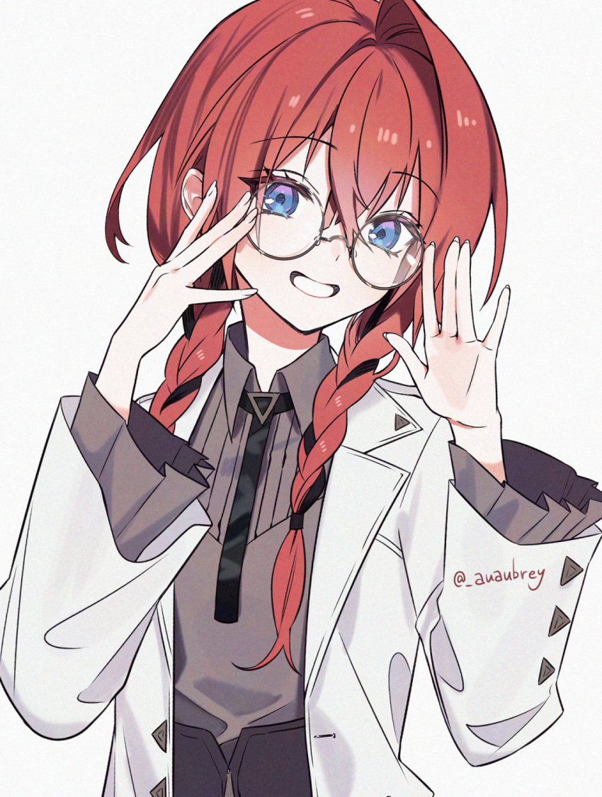 1girl, adjusting_eyewear, ange_katrina, ange_katrina_(lab_coat), aubrey_(kyarairo), black_hair, black_necktie, blue_eyes