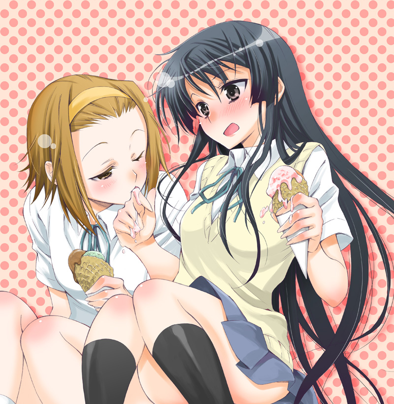 akiyama_mio, black_hair, blush, brown_hair, food, footwear, hairband, ice_cream