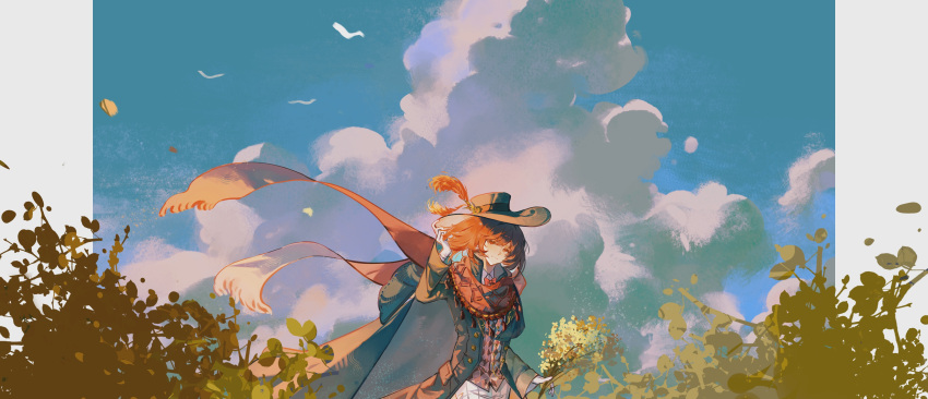 1boy, absurdres, androgynous, black_cape, black_coat, black_hat, blue_sky, brown_hair