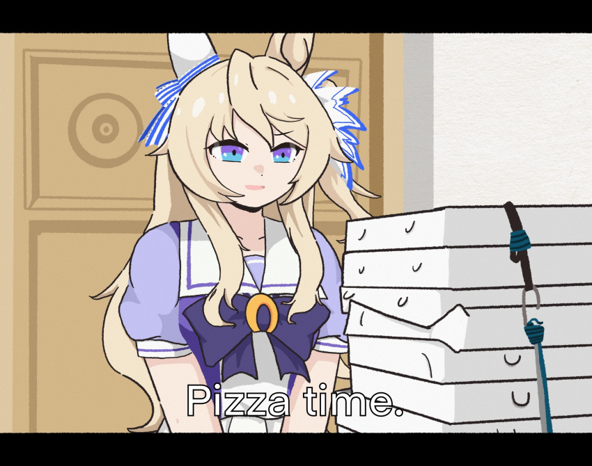 1girl, animal_ears, blonde_hair, blue_eyes, bow, bowtie, commentary_request, doluckyo, door, ear_covers, english_text, hair_ornament, highres, horse_ears, horse_girl, letterboxed, long_hair, marvel, meme, parted_lips, pizza_box, pizza_time_(meme), pun, purple_bow, purple_bowtie, purple_shirt, sailor_collar, scene_reference, school_uniform, shirt, short_sleeves, sidelocks, solo, spider-man_(series), spider-man_2_(2004), standing, summer_uniform, tracen_school_uniform, umamusume, upper_body, victoire_pisa_(umamusume), white_sailor_collar