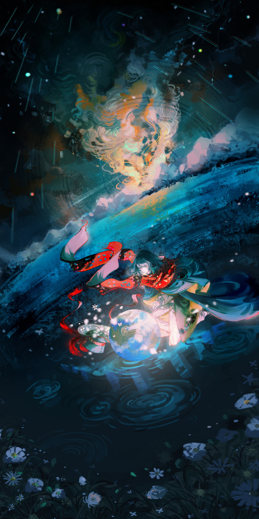 1boy, absurdres, androgynous, black_cape, black_hair, cape, coat, eclia, floating_scarf, flower, globe, glowing, hat, highres, klein_moretti, long_scarf, lord_of_the_mysteries, medium_hair, merlin_hermes, night, on_one_knee, open_clothes, open_coat, pants, plaid_clothes, plaid_pants, puddle, rain, red_scarf, ripples, scarf, top_hat, two-sided_cape, two-sided_fabric, underlighting, unworn_hat, unworn_headwear, water, white_flower