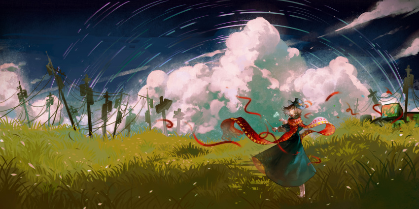 1boy, absurdres, black_coat, black_hair, black_hat, chinese_commentary, clouds, cloudy_sky, coat, commentary_request, crt, cumulonimbus_cloud, eclia, field, floating_clothes, from_side, grass, hat, highres, holding, holding_wand, klein_moretti, long_scarf, lord_of_the_mysteries, magician's_wand, male_focus, merlin_hermes, outdoors, power_lines, red_scarf, ribbon, scarf, short_hair, sky, solo, standing, star_trail, utility_pole, wand, wide_shot, wind