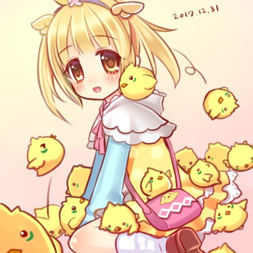 1girl, baby_animal, bird, blonde_hair, blue_shirt, boots, brown_boots, capelet