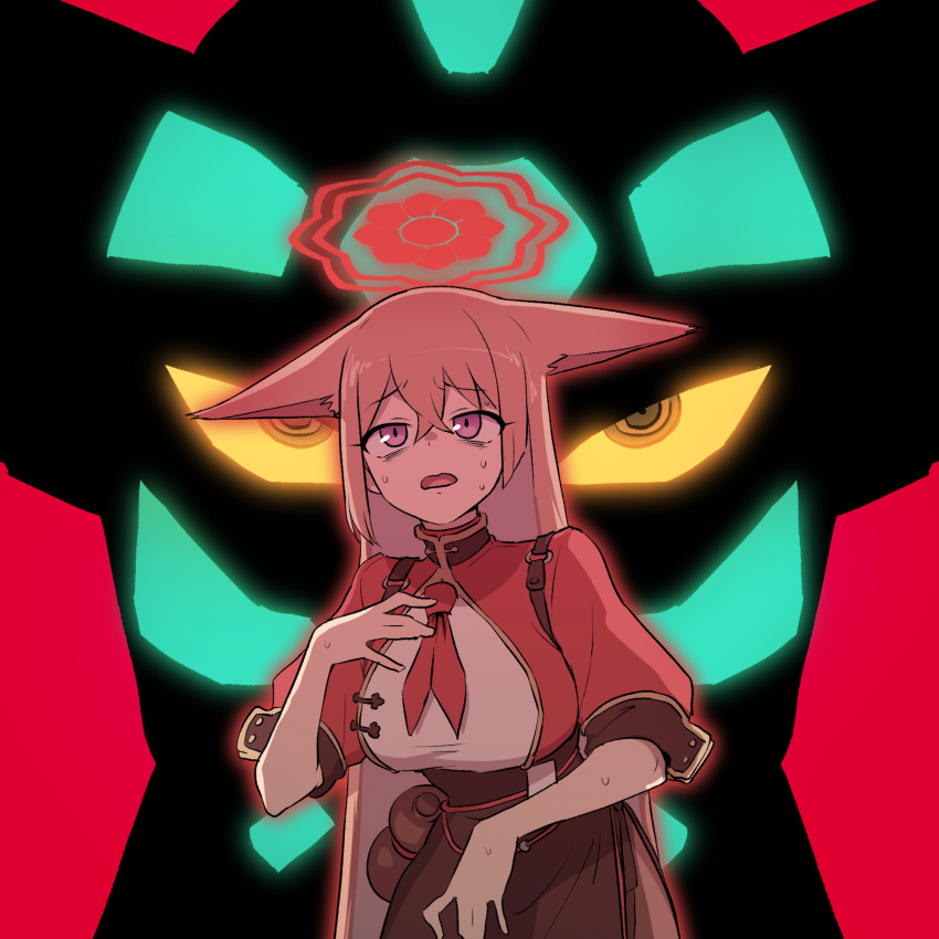 1girl, animal_ears, backscratcher777, blue_archive, breasts, brown_hair, fox_ears, getter_robo, gourd, halo, highres, large_breasts, long_hair, mecha, nervous_sweating, red_background, red_halo, robot, rumi_(blue_archive), shin_getter-1, shin_getter_robo, silhouette, super_robot, sweat, trait_connection, violet_eyes, yellow_eyes