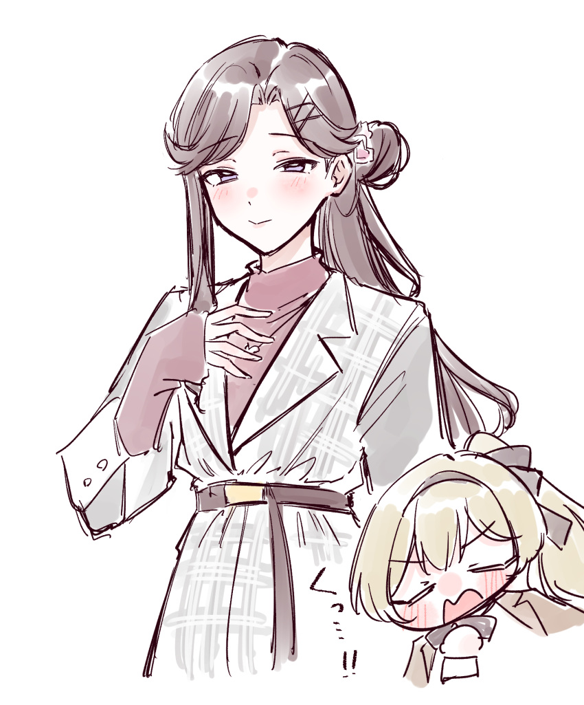 2girls, arm_at_side, belt, belt_buckle, black_belt, black_bow, black_bowtie, black_hairband