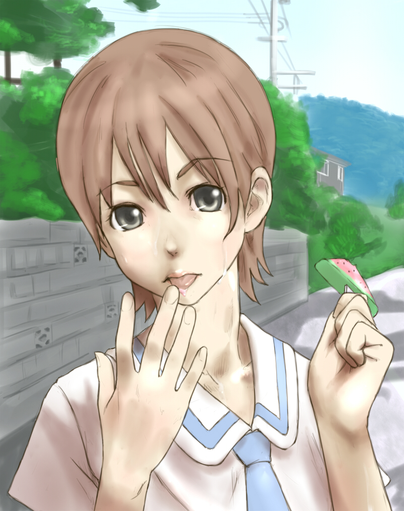 bad_id, black_eyes, bombomb25, brown_hair, finger_licking, licking, lips, necktie