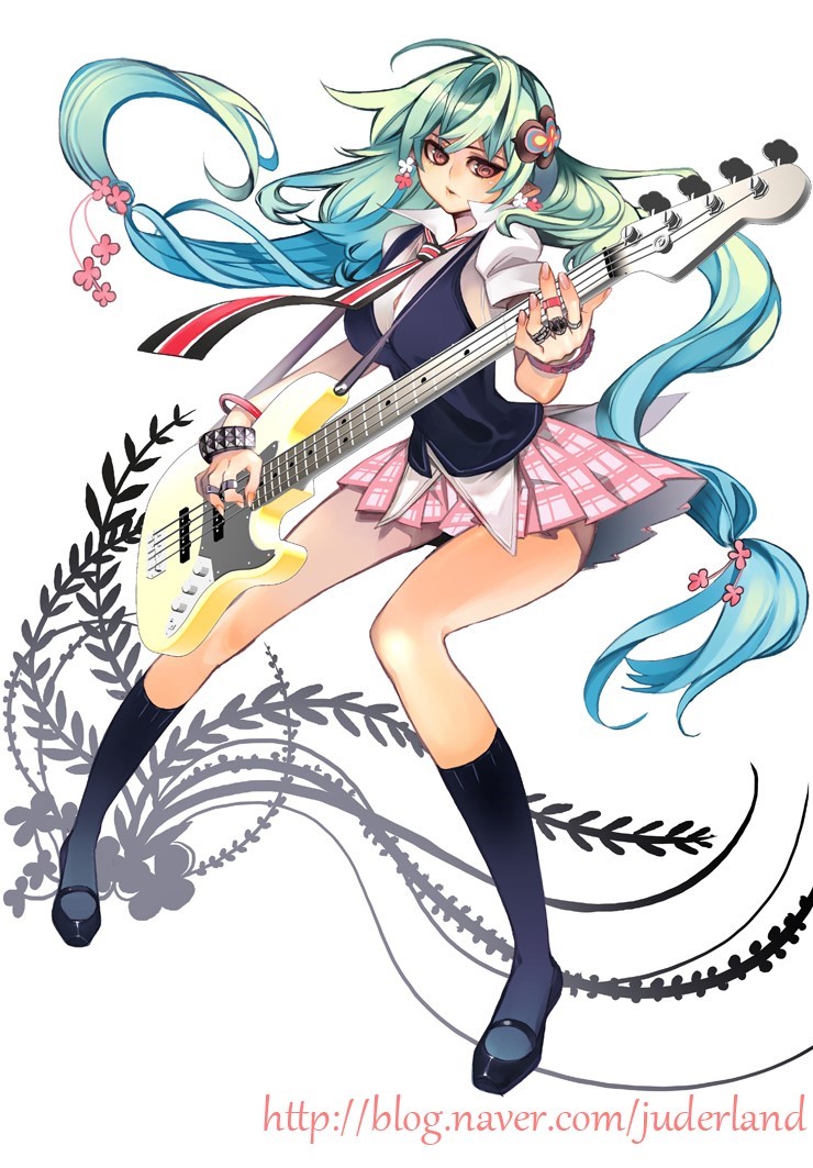 black_legwear, bracelet, cavalier_of_the_abyss, earrings, green_hair, hair_ornament, instrument, jewelry
