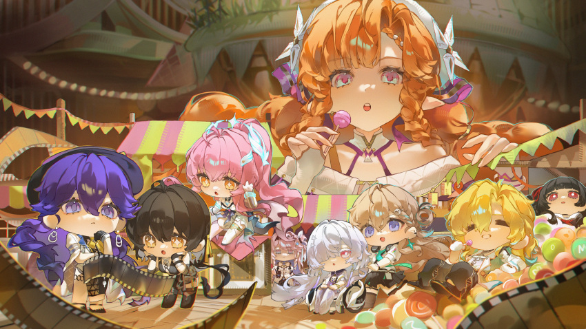 1boy, 6+girls, absurdres, aemeath_(wuthering_waves), black_gloves, black_hair, black_hat, brown_hair