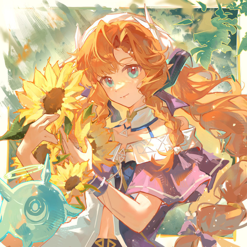 1girl, aqua_eyes, bare_shoulders, braid, braided_sidelocks, closed_mouth, flower, headscarf