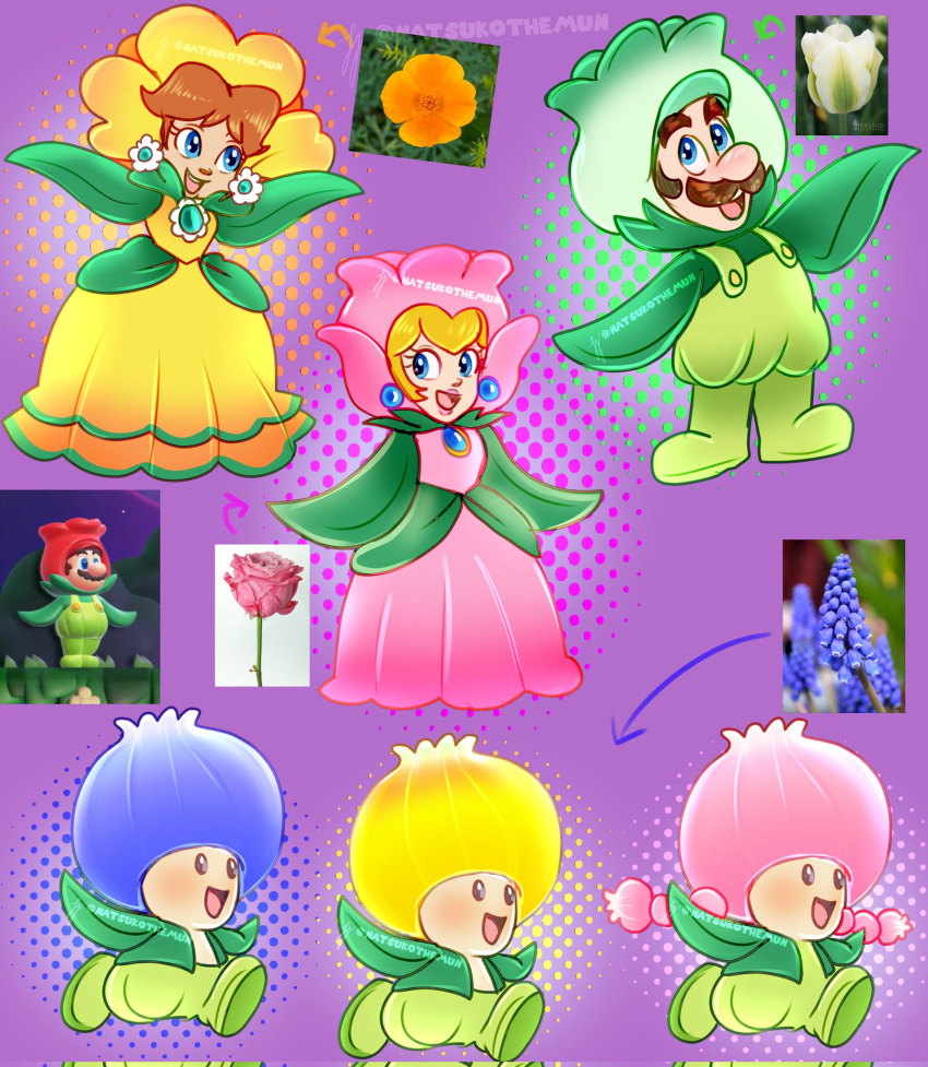 3girls, 4boys, alternate_costume, arrow_(symbol), blonde_hair, blue_eyes, blue_flower, brown_hair, commentary, earrings, english_commentary, facial_hair, flower, flower_costume, flower_luigi, flower_mario, green_overalls, highres, jewelry, luigi, mario, multiple_boys, multiple_girls, mustache, natsukothemun, official_alternate_costume, orange_flower, overalls, photo_inset, pink_flower, pink_rose, princess_daisy, princess_peach, rose, screenshot_inset, sphere_earrings, super_mario_bros., super_mario_bros._wonder, toad_(mario), toadette