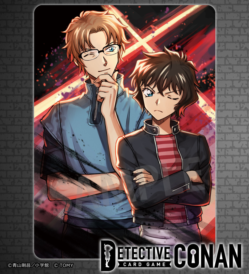 1boy, 1girl, ;(, black-framed_eyewear, black_hair, black_jacket, blue_shirt, brown_hair