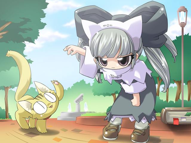 1girl, 2000s_(style), animal, arm_up, bent_over, blunt_bangs, book, brown_shoes