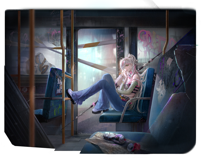 1girl, arm_rest, artist_request, bare_shoulders, bell-bottoms, blonde_hair, broken_glass, bus_interior, choker, denim, glass, golan_(path_to_nowhere), graffiti, hand_on_own_cheek, hand_on_own_face, highres, jeans, multicolored_hair, multicolored_skirt, newspaper, off-shoulder_shirt, off_shoulder, official_art, pants, path_to_nowhere, pink_choker, pink_streaks, polearm, rain, shirt, shoes, sitting, skirt, spear, spray_can, spray_paint, streaked_hair, two_side_up, weapon, white_shoes, yellow_eyes