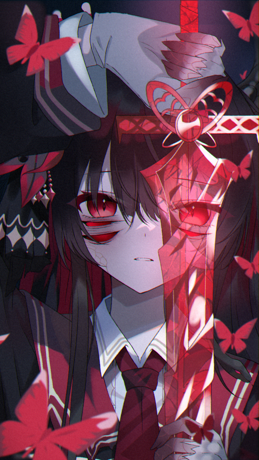 1girl, amiamzk827, black_hair, commentary_request, flower, hair_between_eyes, hair_flower, hair_ornament