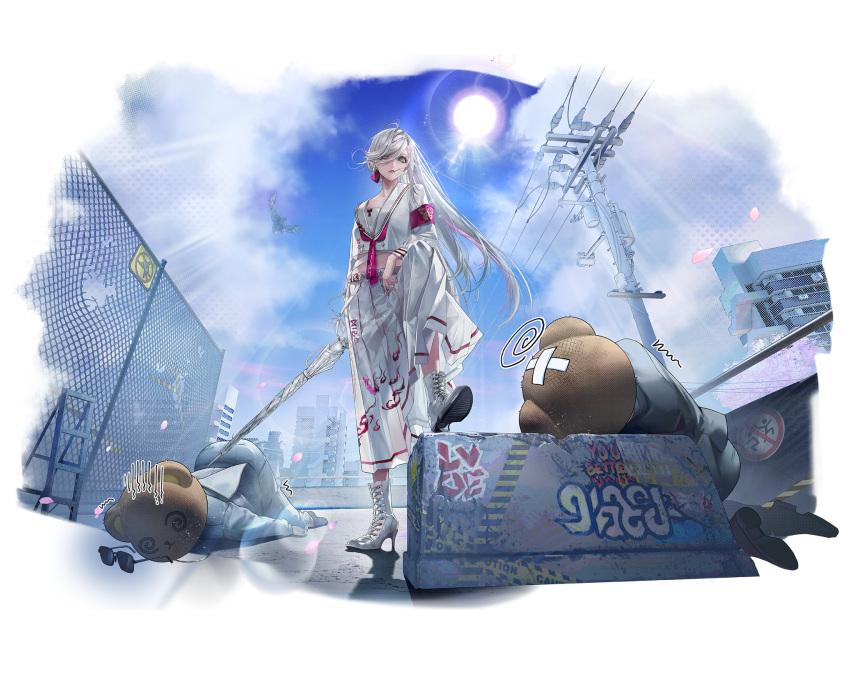 1girl, 2boys, @_@, arm_on_own_leg, armband, artist_request, bandaid, bandaid_on_head, bear_mask, bird, chain-link_fence, clouds, crossed_bandaids, day, delinquent, falling_petals, fence, golan_(path_to_nowhere), hair_over_one_eye, high_heels, highres, lens_flare, long_hair, mask, multicolored_hair, multiple_boys, official_alternate_costume, path_to_nowhere, petals, pink_armband, pink_streaks, power_lines, shinai, shirt, shoes, skirt, streaked_hair, sukeban, sun, sunglasses, sunlight, sword, toothpick, transformer, unworn_eyewear, utility_pole, very_long_hair, weapon, white_shirt, white_shoes, white_skirt, yellow_eyes