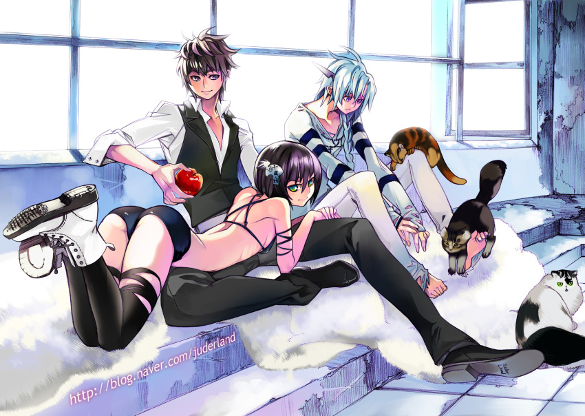 apple, ass, bare_shoulders, barefoot, bikini_top, black_hair, black_legwear, bloomers