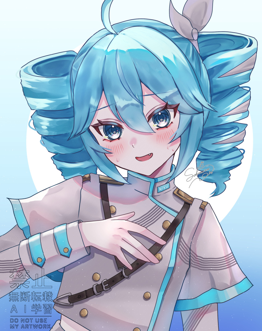 1girl, absurdres, ahoge, aqua_eyes, aqua_hair, aqua_nails, aqua_trim, arm_at_side, blush, bow, buttons, commentary_request, cosplay, crop_top, crop_top_overhang, cropped_jacket, double-breasted, double-parted_bangs, drill_hair, grey_jacket, hair_between_eyes, hair_bow, hair_intakes, hand_on_own_chest, hand_up, hatsune_miku, high-waist_skirt, highres, jacket, kasane_teto, kasane_teto_(cosplay), kasane_teto_(sv), layered_sleeves, long_sleeves, looking_at_viewer, midriff, musical_staff, musical_staff_print, nail_polish, open_mouth, pale_skin, sakanoi_noa, short_hair, short_over_long_sleeves, short_sleeves, shoulder_belt, shoulder_boards, sidelocks, skirt, sleeve_cuffs, smile, solo, straight-on, synthesizer_v, turtleneck, turtleneck_jacket, twin_drills, upper_body, utau, vocaloid