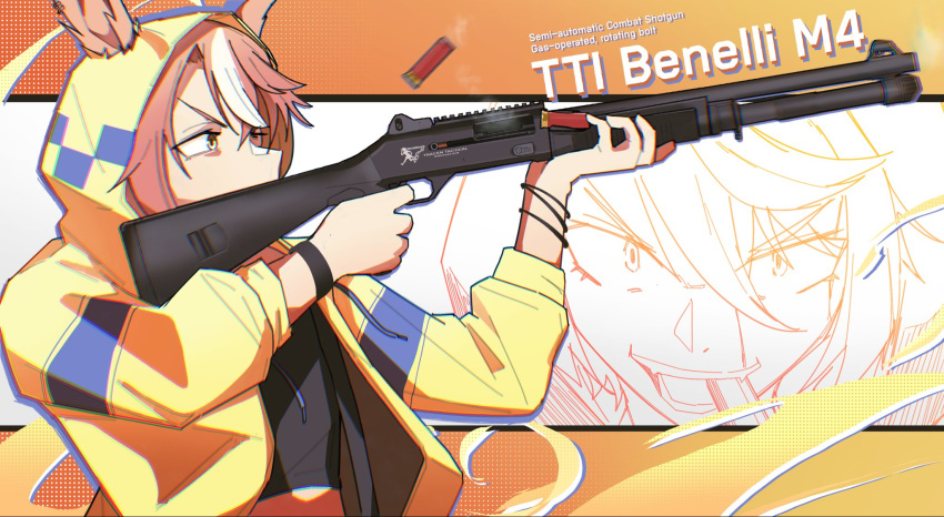 1girl, ammunition, amoncheeto, animal_ears, benelli_m4, black_shirt, bracelet, brown_hair