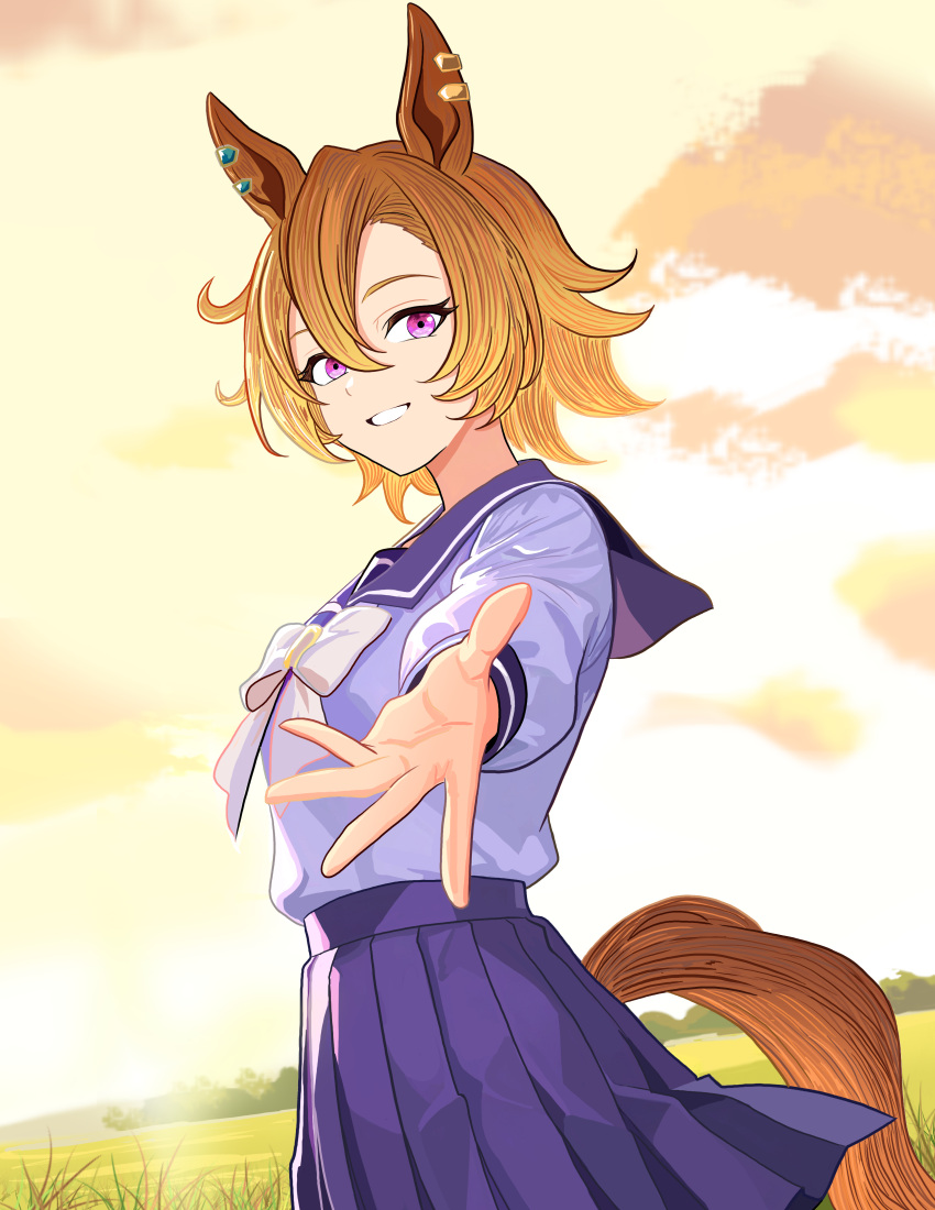 1girl, absurdres, animal_ears, bow, brown_hair, earrings, field, grass, highres, horse_ears, horse_girl, horse_tail, jewelry, kagutaba_316, looking_at_viewer, pink_eyes, reaching, reaching_towards_viewer, school_uniform, skirt, smile, solo, sunset, t.m._opera_o_(umamusume), tail, tracen_school_uniform, umamusume, white_bow